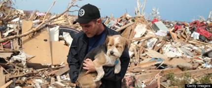 Getty Images photo of Oklahoma disaster rescue worker carrying dog with rubble behind them.